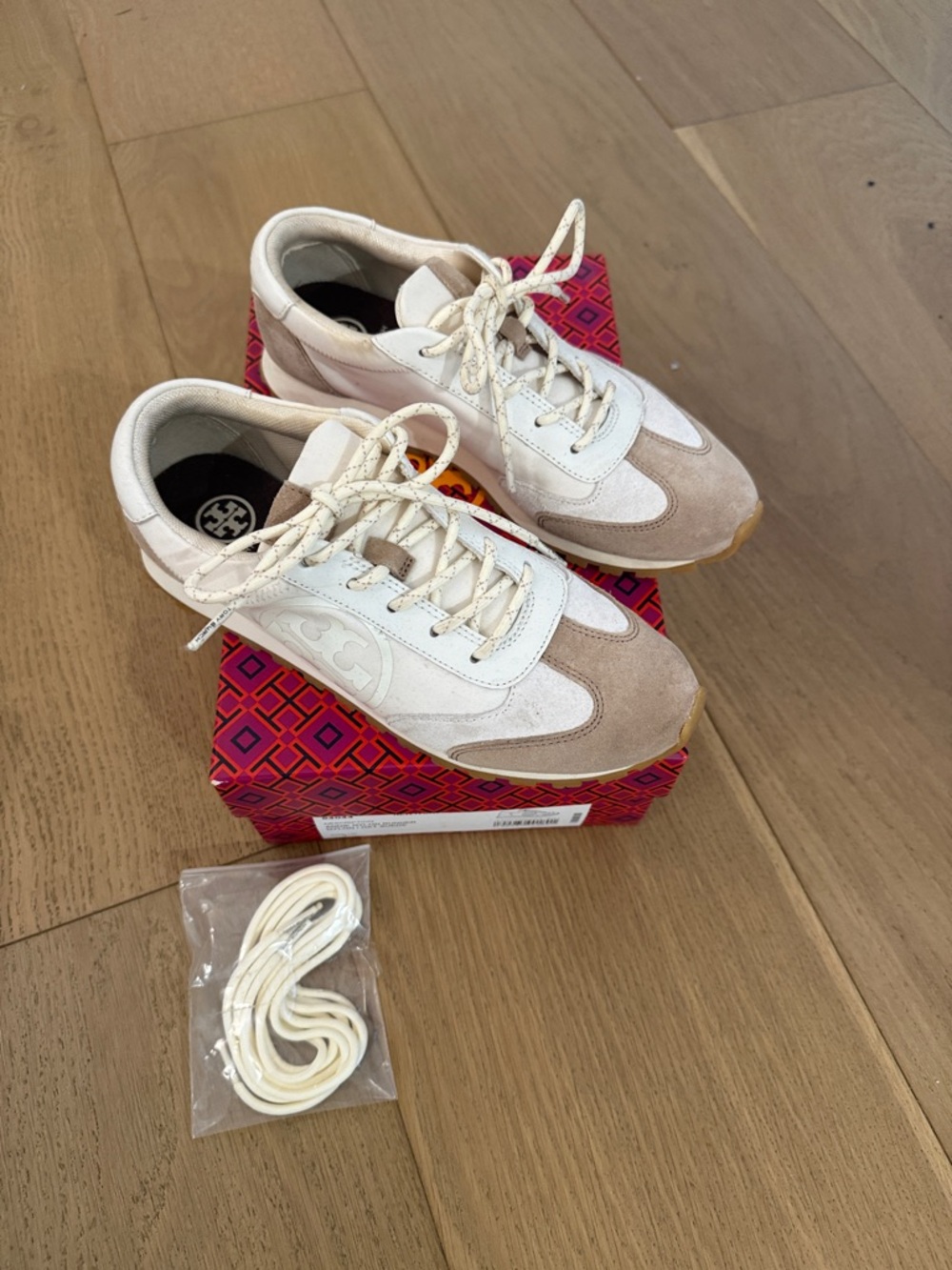 Tory Burch Cream and Beige Annie Nylon and Suede Runners